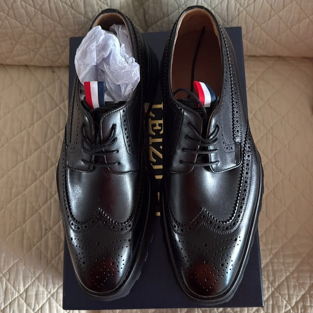 LEIZILEI Black Leather Oxford Shoes with Brogue Detailing - Picture 3 of 12